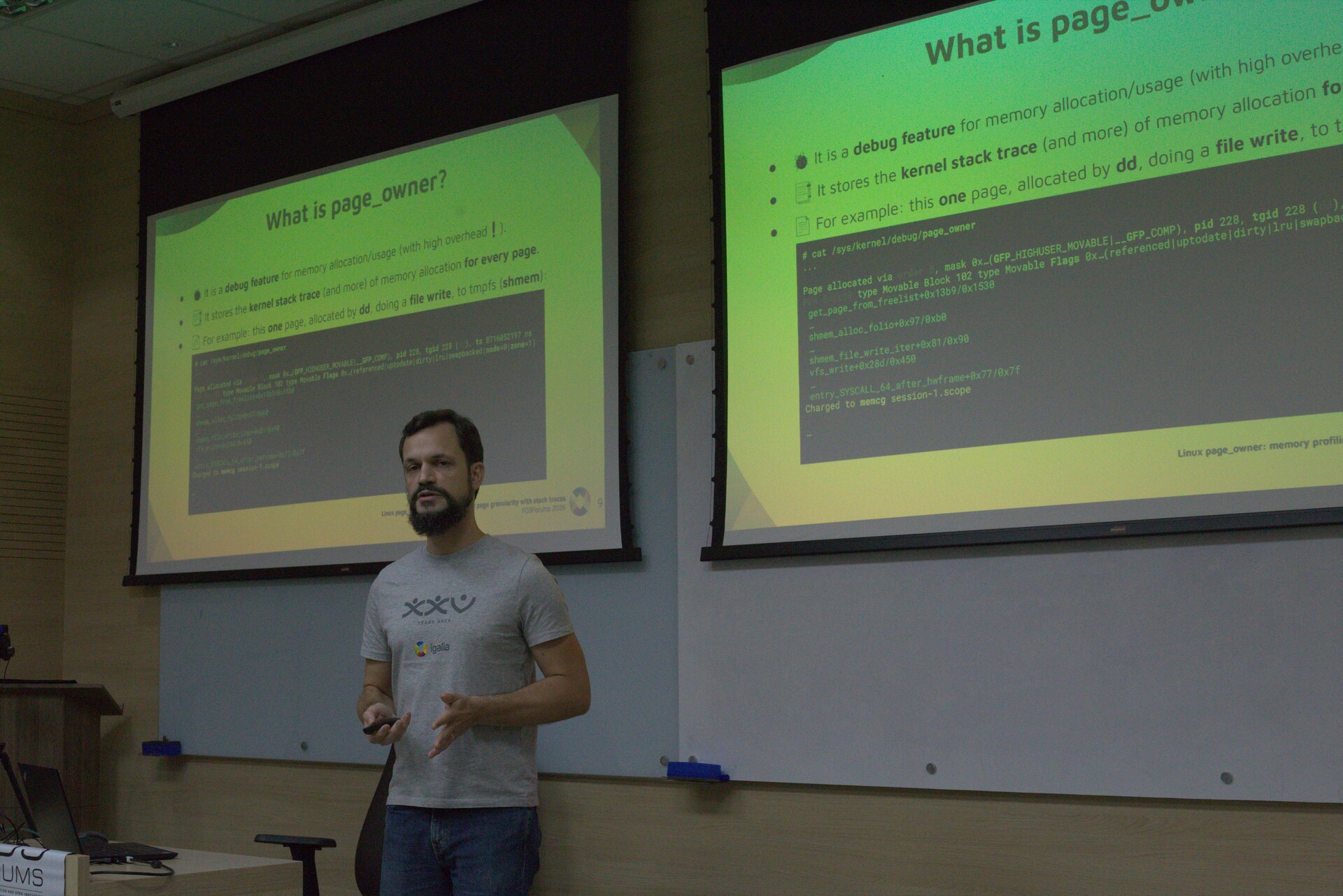FOSForums 2026: mfo&rsquo;s talk; photo by mhcerri@igalia.com